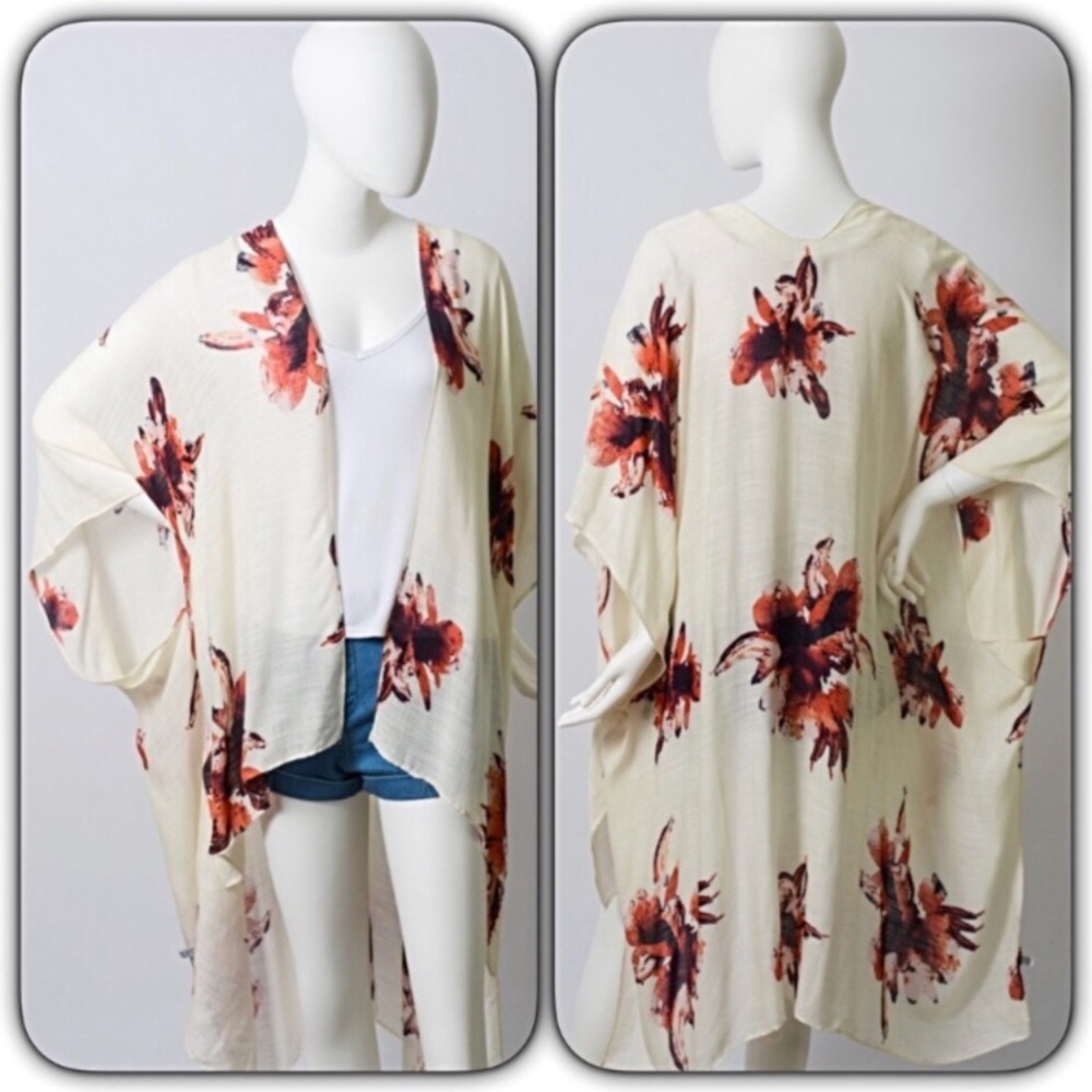 Ivory Floral Chic Kimono Wrap Coverup One Size - Picture 4 of 8